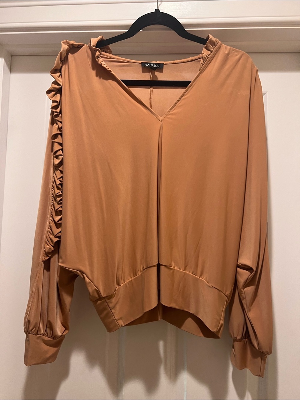 Express Women's Ruffle-Trim V-Neck Blouse in Camel Brown